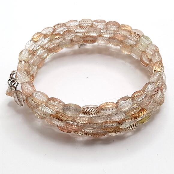 Vintage Art Glass Leaf Bead Memory Wire Bracelet – Clear Gold Leaf Design - Picture 10 of 10